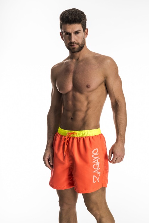 Szorty kąpielowe męskie spodenki neonowe zagano 5116 kolor pomarańczowy z żółtym pasem