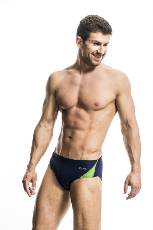 Slipy kąpielowe kąpielówki męskie na basen zagano 2374 kolor granatowy z jasnozielonymi wstawkami