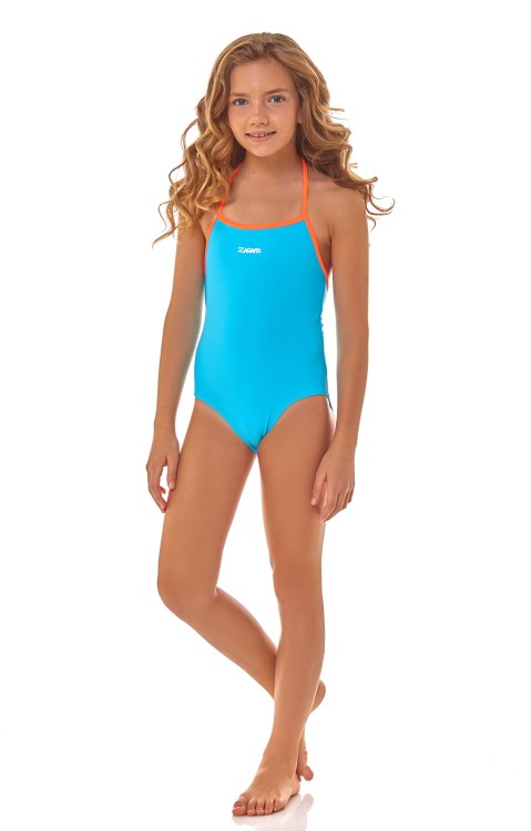 Strój kąpielowy dziewczęcy kostium jednoczęściowy zagano Bora z wiązaniem u góry kolor jasnoniebieski