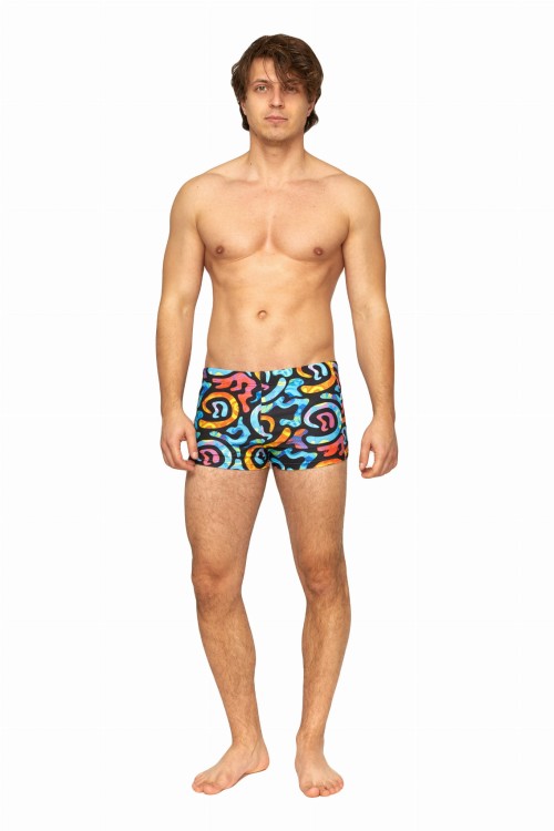 Kąpielówki męskie bokserki spodenki pływackie kolorowe zagano 2380 kolor czarny z wielokolorowym  wzorem geometrycznym