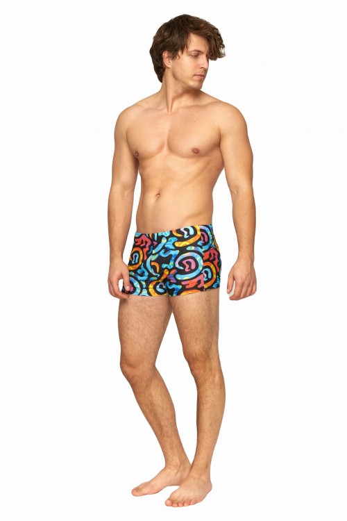 Kąpielówki męskie bokserki spodenki pływackie kolorowe zagano 2380 kolor czarny z wielokolorowym  wzorem geometrycznym