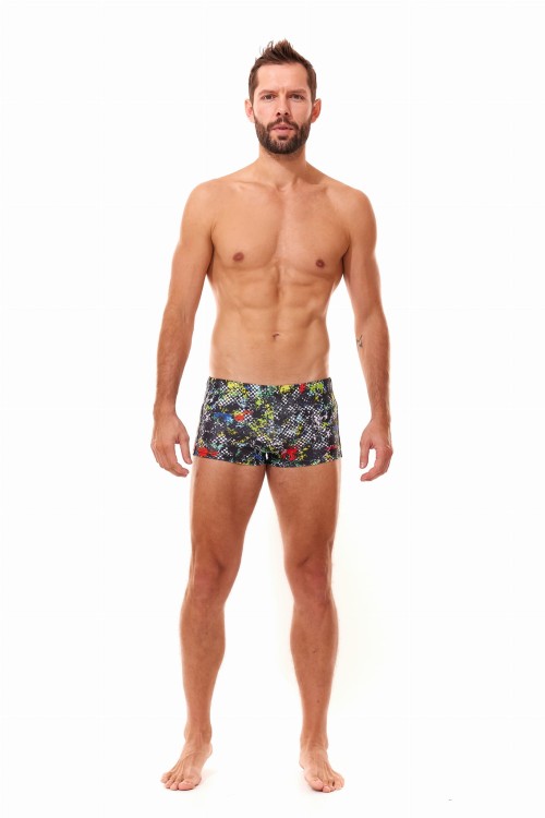 Kąpielówki męskie bokserki spodenki pływackie kolorowe zagano 2380 kolor czarny z wielokolorowym wzorem