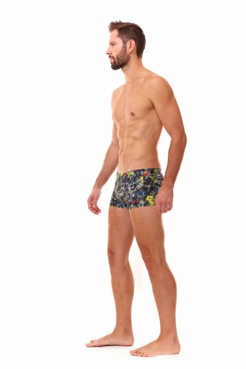 Kąpielówki męskie bokserki spodenki pływackie kolorowe zagano 2380 kolor czarny z wielokolorowym wzorem