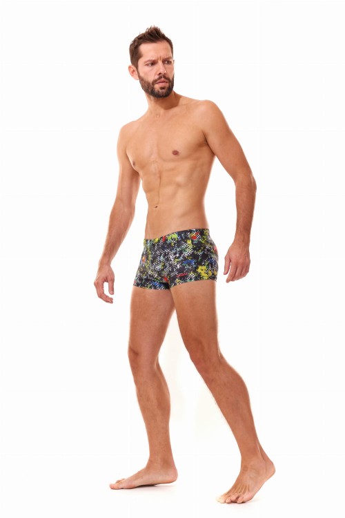 Kąpielówki męskie bokserki spodenki pływackie kolorowe zagano 2380 kolor czarny z wielokolorowym wzorem