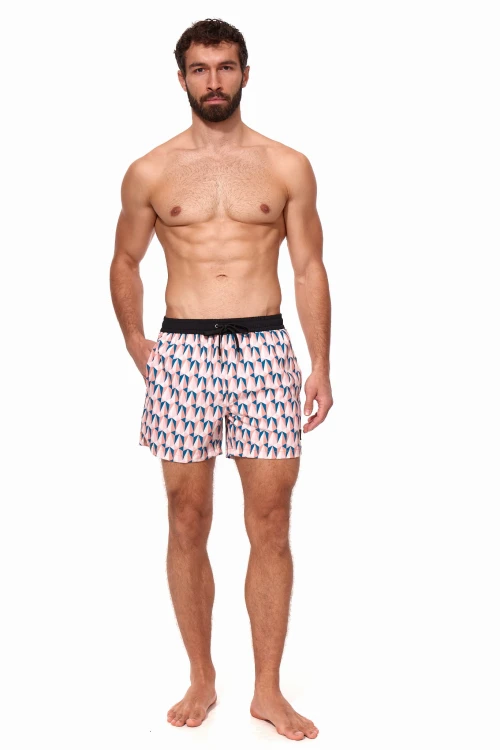 Szorty kąpielowe męskie spodenki sportowe elastyczne zagano 5671 z kremowo granatowo białym wzorem