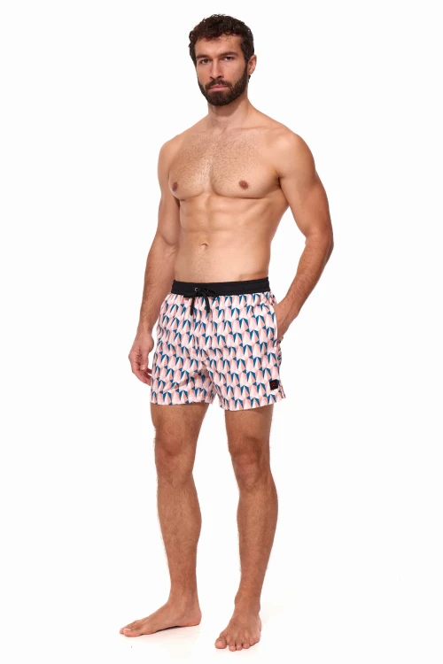 Szorty kąpielowe męskie spodenki sportowe elastyczne zagano 5671 z kremowo granatowo białym wzorem