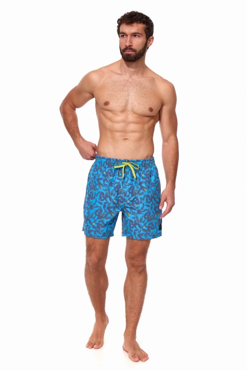 Szorty kąpielowe męskie spodenki sportowe elastyczne zagano 5673 kolor niebieski z ciemnoniebiesko żółtym wzorem
