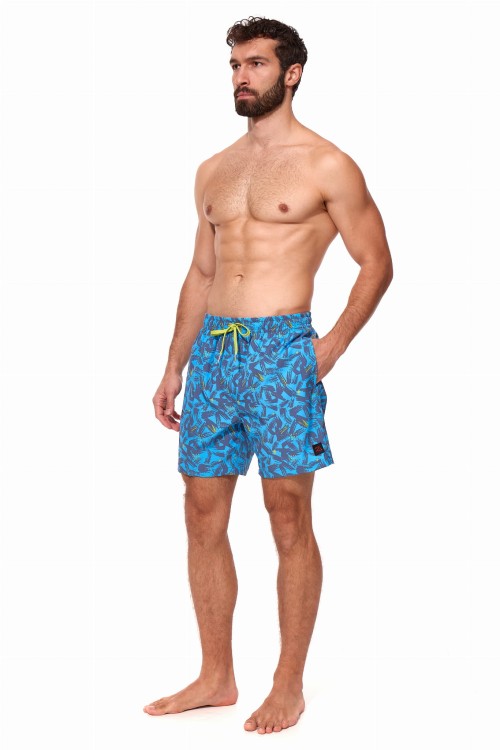 Szorty kąpielowe męskie spodenki sportowe elastyczne zagano 5673 kolor niebieski z ciemnoniebiesko żółtym wzorem