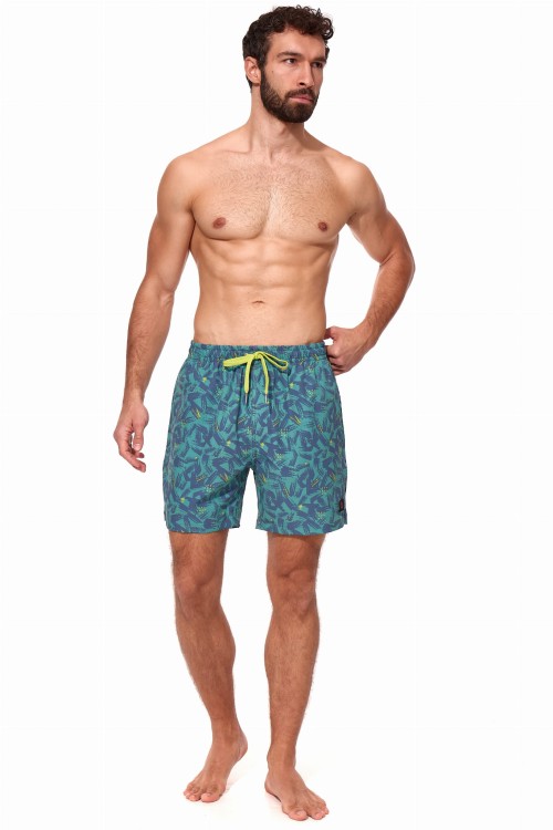 Szorty kąpielowe męskie spodenki sportowe elastyczne zagano 5673 kolor zielony z szaro żółtym wzorem