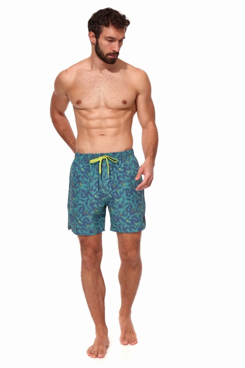 Szorty kąpielowe męskie spodenki sportowe elastyczne zagano 5673 kolor zielony z szaro żółtym wzorem