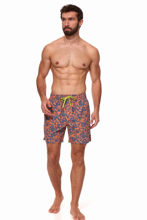 Szorty kąpielowe męskie spodenki sportowe elastyczne zagano 5673 kolor pomarańczowy z szaro zielonym wzorem