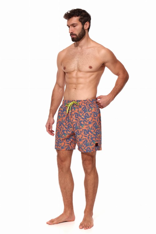 Szorty kąpielowe męskie spodenki sportowe elastyczne zagano 5673 kolor pomarańczowy z szaro zielonym wzorem