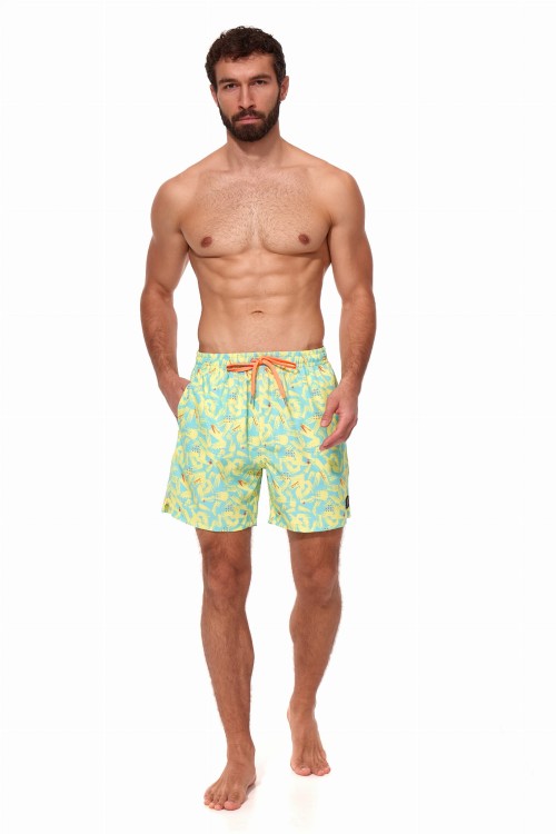 Szorty kąpielowe męskie spodenki sportowe elastyczne zagano 5673 kolor niebieski z żółto pomarańczowym wzorem
