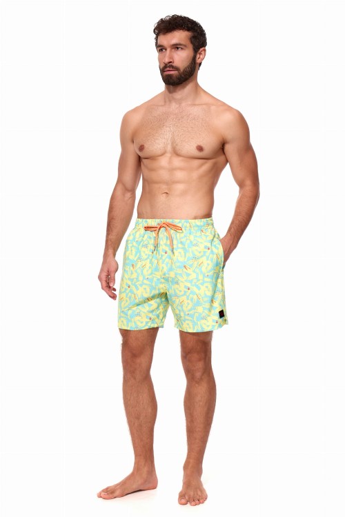 Szorty kąpielowe męskie spodenki sportowe elastyczne zagano 5673 kolor niebieski z żółto pomarańczowym wzorem