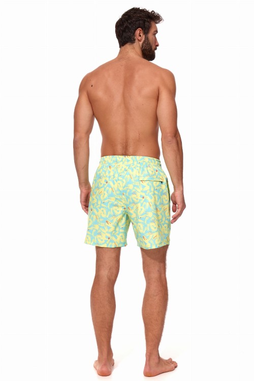 Szorty kąpielowe męskie spodenki sportowe elastyczne zagano 5673 kolor niebieski z żółto pomarańczowym wzorem