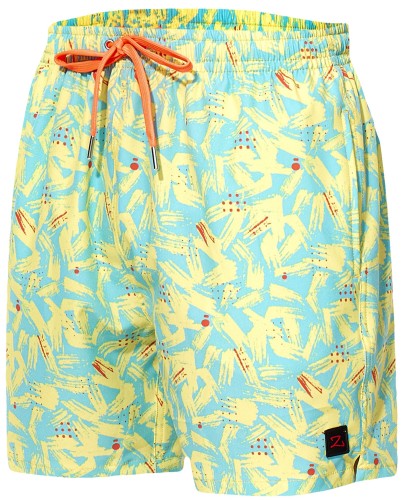 Szorty kąpielowe męskie spodenki sportowe elastyczne zagano 5673 kolor niebieski z żółto pomarańczowym wzorem