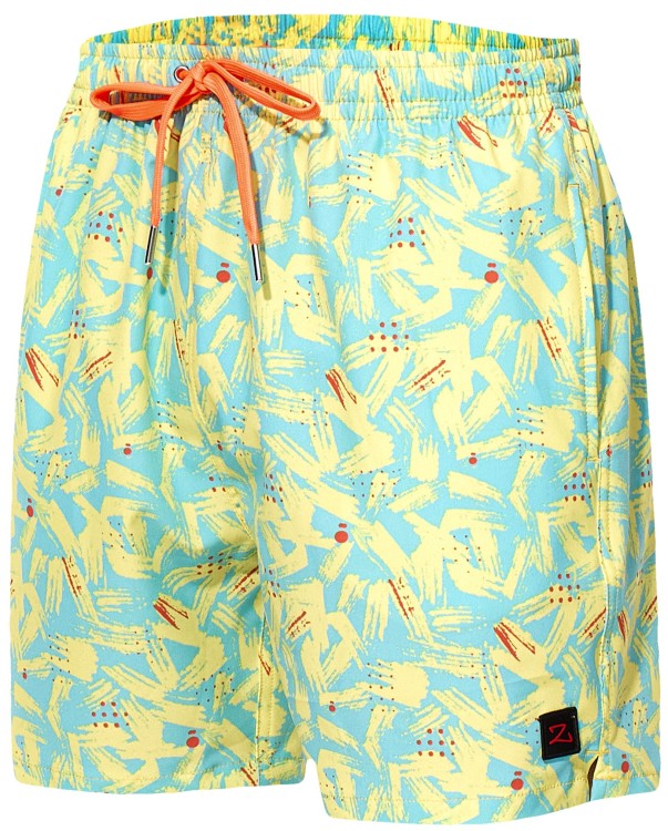 Szorty kąpielowe męskie spodenki sportowe elastyczne zagano 5673 kolor niebieski z żółto pomarańczowym wzorem