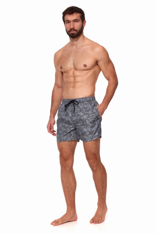 Szorty kąpielowe męskie spodenki sportowe elastyczne zagano 5675 kolor szary z jasnoszarym motywem liści