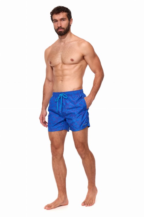 Szorty kąpielowe męskie spodenki sportowe elastyczne zagano 5675 kolor granatowy z niebieskim motywem liści