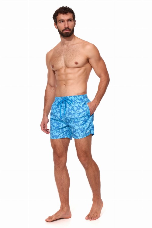 Szorty kąpielowe męskie spodenki sportowe elastyczne zagano 5675 kolor niebieski z jasnoniebieskim motywem liści