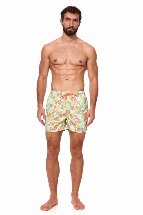 Szorty kąpielowe męskie spodenki sportowe elastyczne zagano 5675 kolor kremowy z kolorowym geometrycznym wzorem