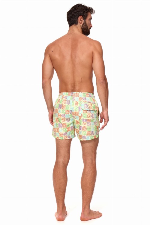 Szorty kąpielowe męskie spodenki sportowe elastyczne zagano 5675 kolor kremowy z kolorowym geometrycznym wzorem