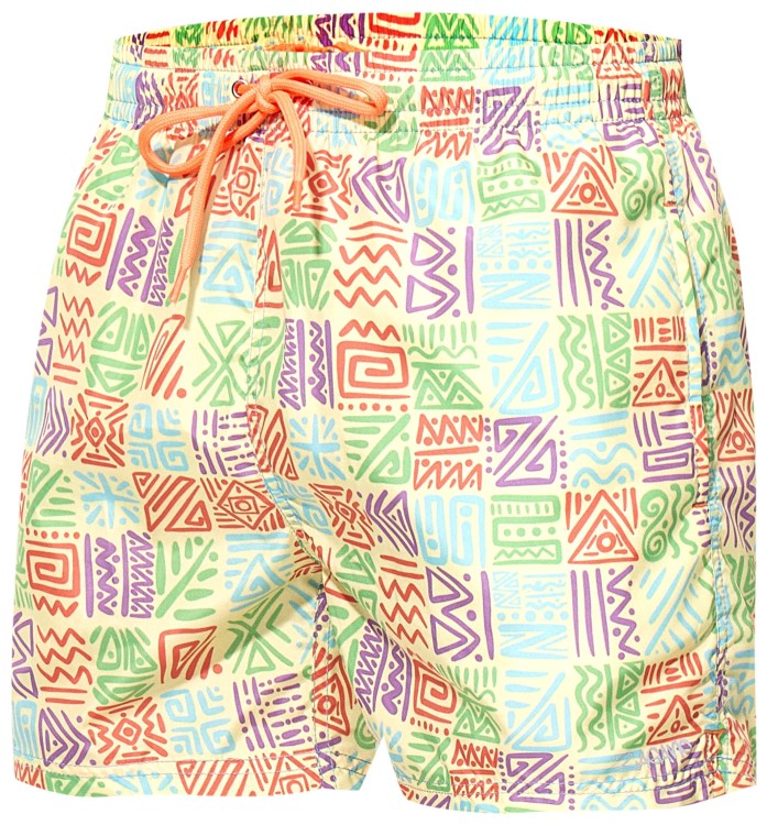 Szorty kąpielowe męskie spodenki sportowe elastyczne zagano 5675 kolor kremowy z kolorowym geometrycznym wzorem