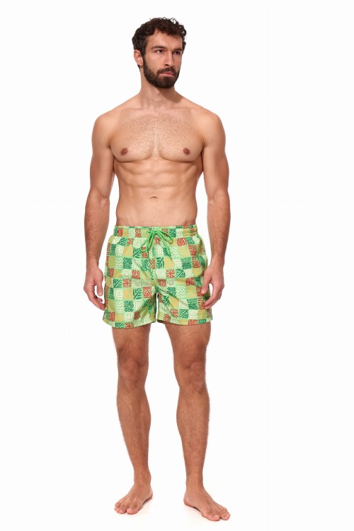 Szorty kąpielowe męskie spodenki sportowe elastyczne zagano 5675 kolor zielony z kolorowym geometrycznym wzorem