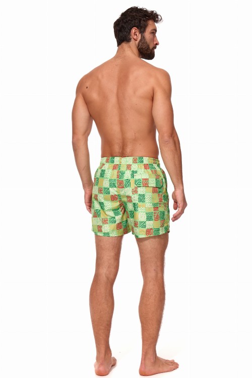 Szorty kąpielowe męskie spodenki sportowe elastyczne zagano 5675 kolor zielony z kolorowym geometrycznym wzorem