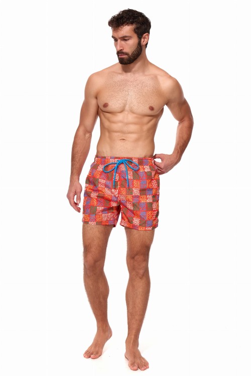 Szorty kąpielowe męskie spodenki sportowe elastyczne zagano 5675 kolor pomarańczowy z kolorowym geometrycznym wzorem