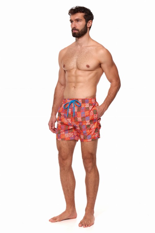 Szorty kąpielowe męskie spodenki sportowe elastyczne zagano 5675 kolor pomarańczowy z kolorowym geometrycznym wzorem