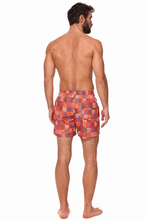 Szorty kąpielowe męskie spodenki sportowe elastyczne zagano 5675 kolor pomarańczowy z kolorowym geometrycznym wzorem
