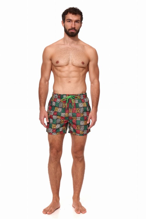 Szorty kąpielowe męskie spodenki sportowe elastyczne zagano 5675 kolor czarny z kolorowym geometrycznym wzorem