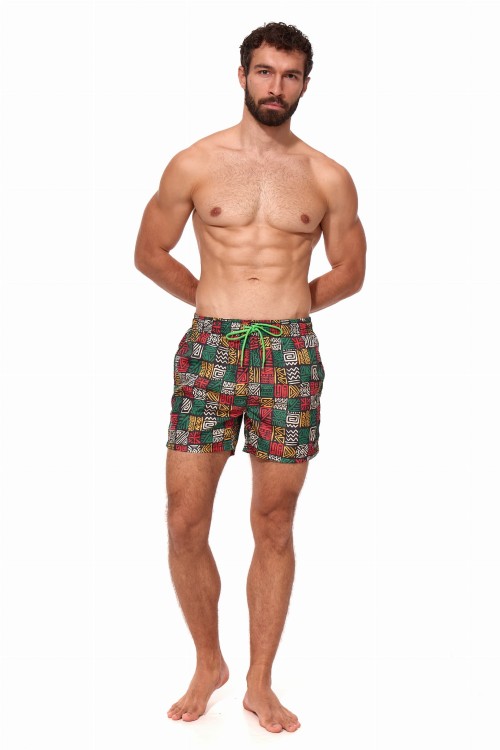 Szorty kąpielowe męskie spodenki sportowe elastyczne zagano 5675 kolor czarny z kolorowym geometrycznym wzorem