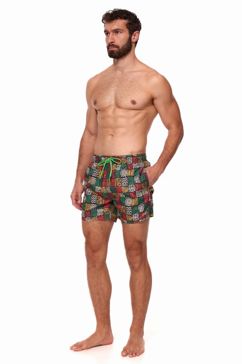 Szorty kąpielowe męskie spodenki sportowe elastyczne zagano 5675 kolor czarny z kolorowym geometrycznym wzorem