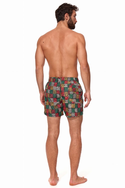 Szorty kąpielowe męskie spodenki sportowe elastyczne zagano 5675 kolor czarny z kolorowym geometrycznym wzorem