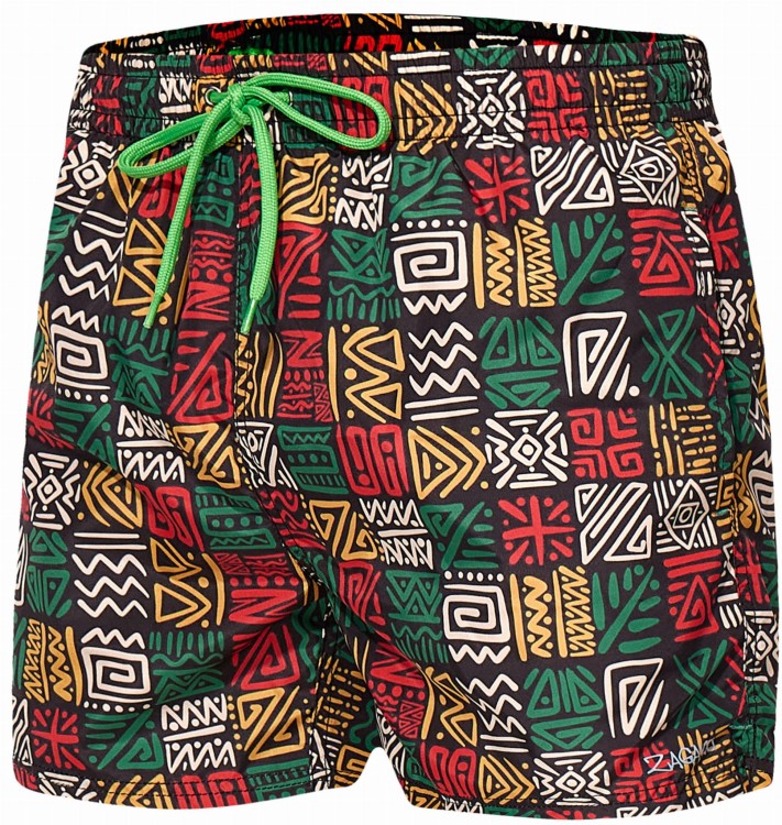Szorty kąpielowe męskie spodenki sportowe elastyczne zagano 5675 kolor czarny z kolorowym geometrycznym wzorem