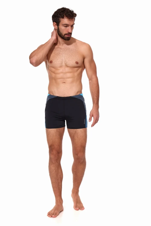 Kąpielówki męskie bokserki spodenki pływackie zagano 2402 kolor czarny z ciemnozielono niebieskimi wstawkami