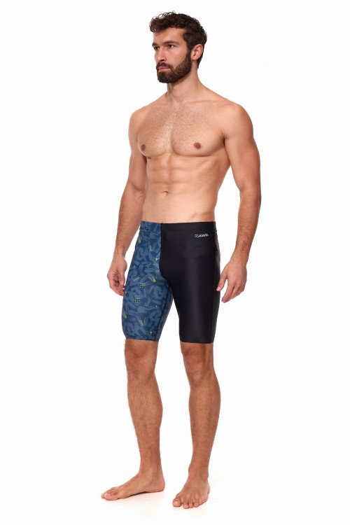 Kąpielówki męskie spodenki pływackie jammer 2389 kolor czarny z niebiesko żółtym wzorem