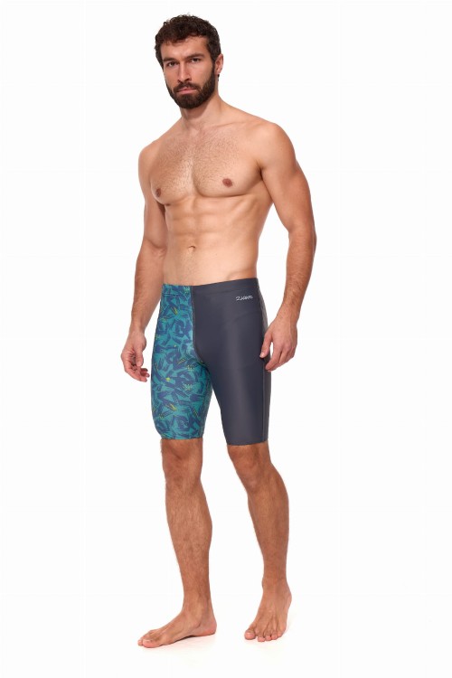 Kąpielówki męskie spodenki pływackie jammer 2389 kolor szary z niebiesko zielonym wzorem